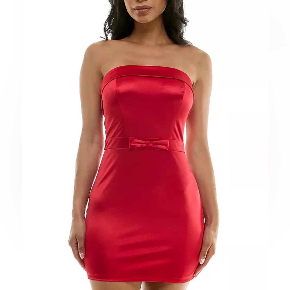 B Darlin Strapless Red Mini Dress With Bow Trim Detail At Waist Size 5/6 NWT